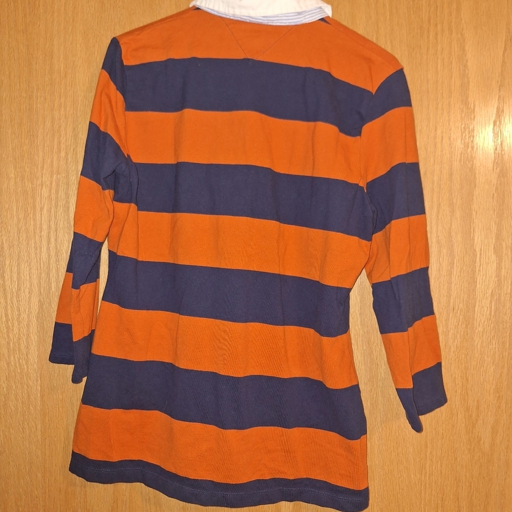 Tommy Hilfiger Rugby 3/4 Sleeve Shirt Large Blue Orange Stripe Polo L Bears - Picture 4 of 4